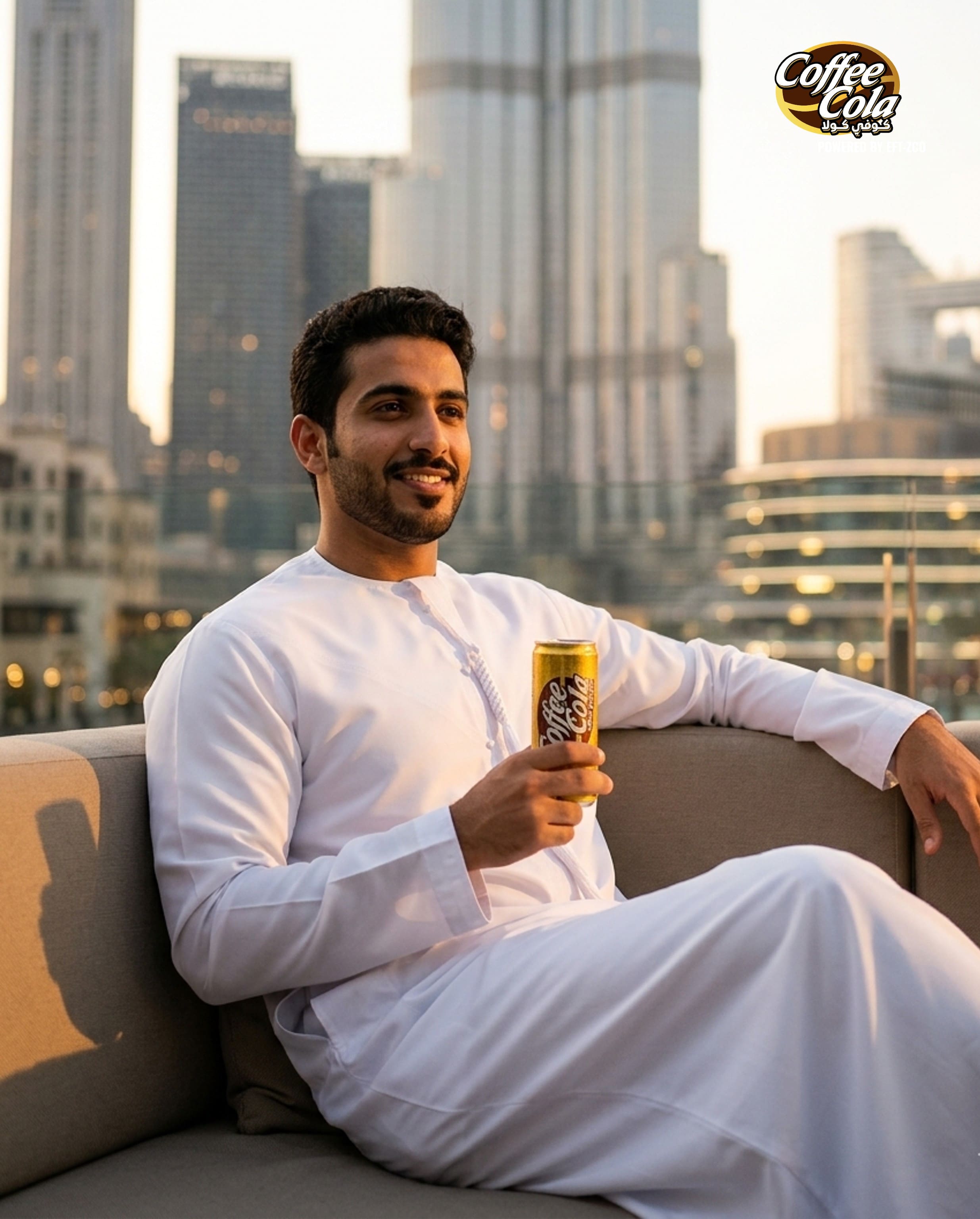 Man in a kandura enjoying Coffee Cola with Burj Khalifa behind