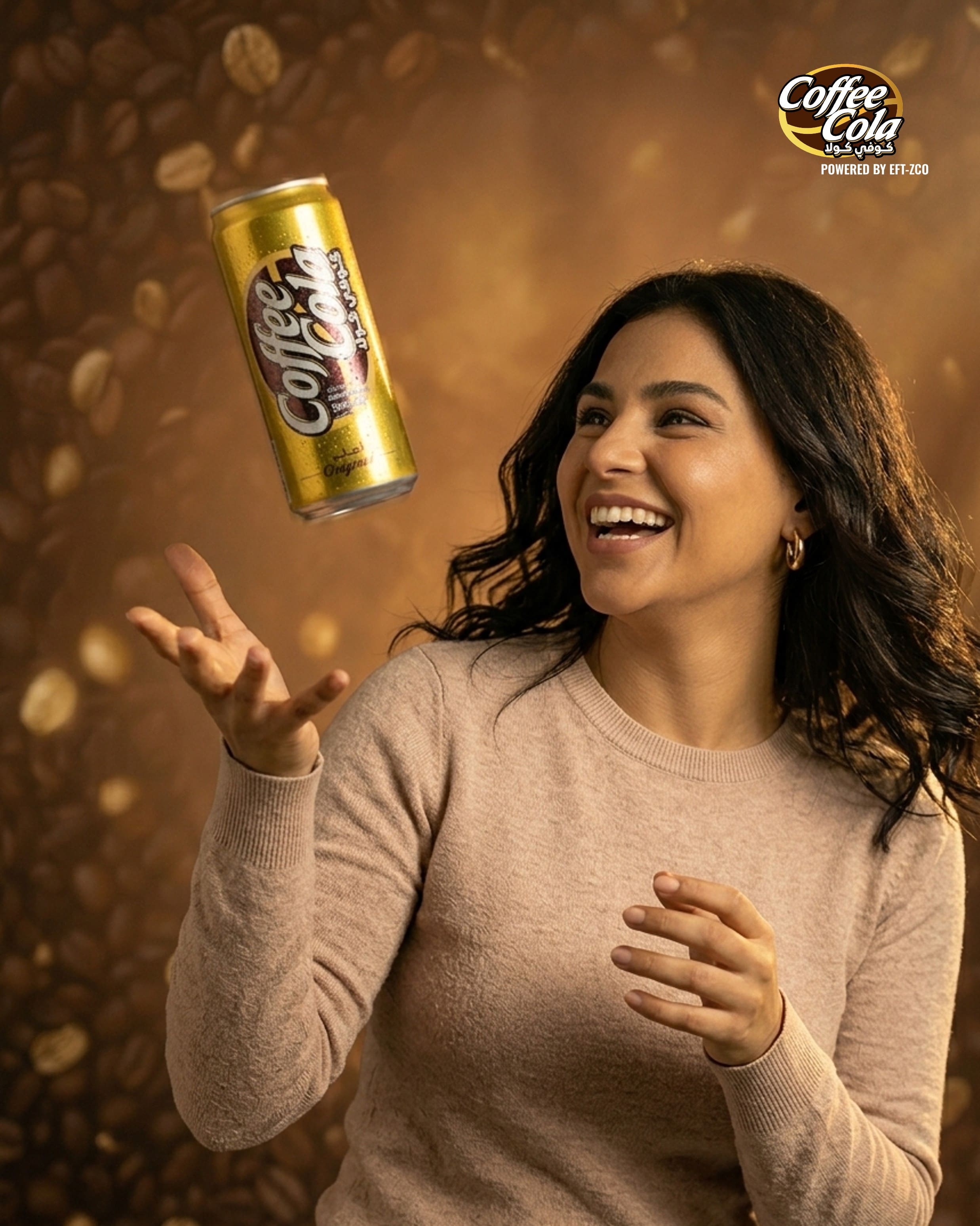 Woman tossing a Coffee Cola can among coffee beans