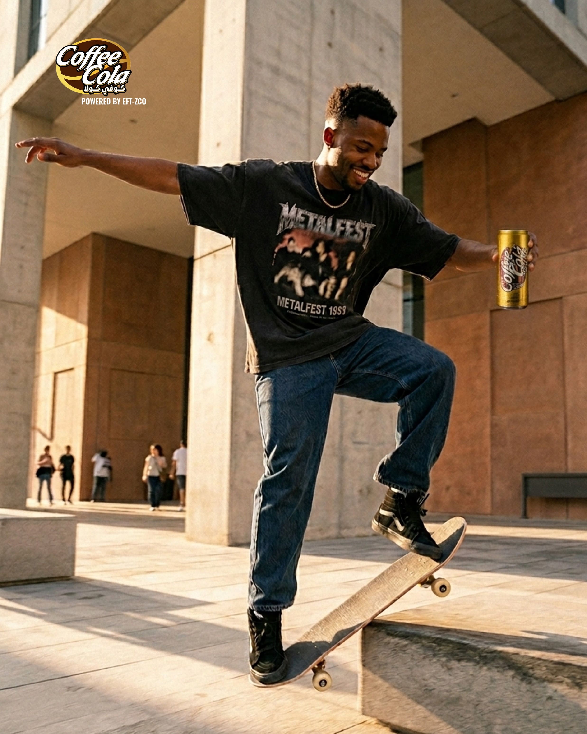 Skater balancing a trick with a Coffee Cola can in hand
