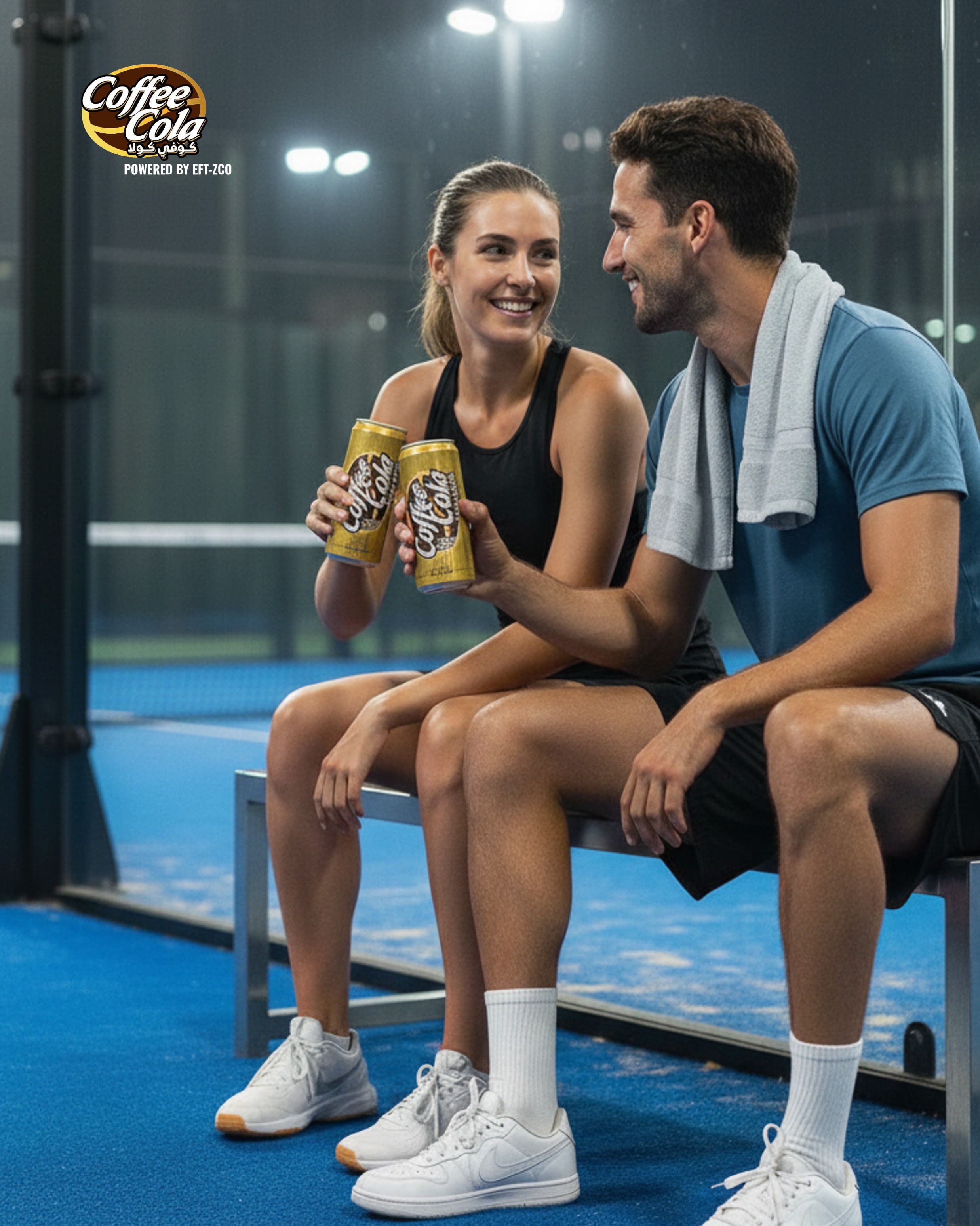 Padel players toasting with Coffee Cola cans on court